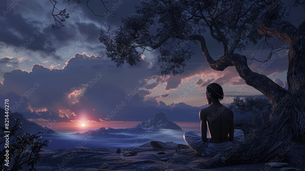 Fototapeta premium A man is seated on a large rock next to a tall tree, in a natural outdoor setting