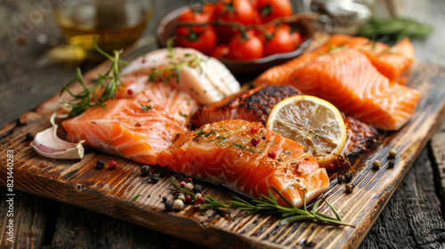 Assorted fresh salmon fillets seasoned with herbs and spices, beautifully arranged on a rustic wooden board for a gourmet presentation.