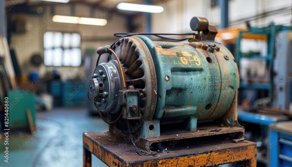 An outdated electric motor rests on a corroded table in a factory An outdated electric motor rests on a corroded table in a factory