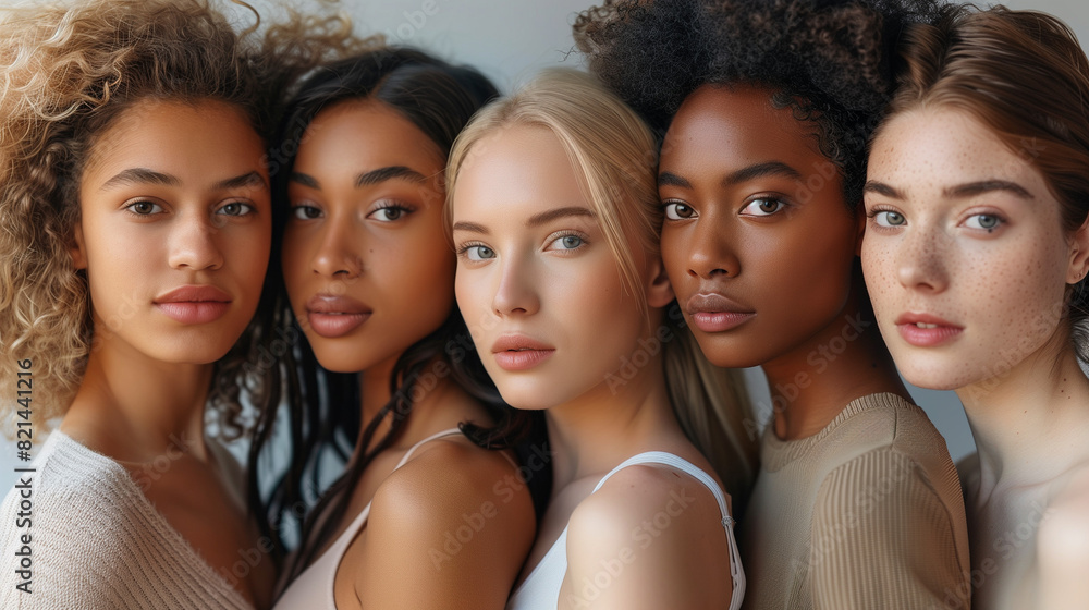 Close-up of multiethnic women of different ages with glowing skin, confidently smiling and looking happy.
Close-up of multiethnic women of different ages with glowing skin, confidently smiling and looking happy.