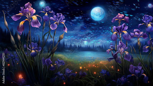 A digital painting of an iris garden under a starry night sky.