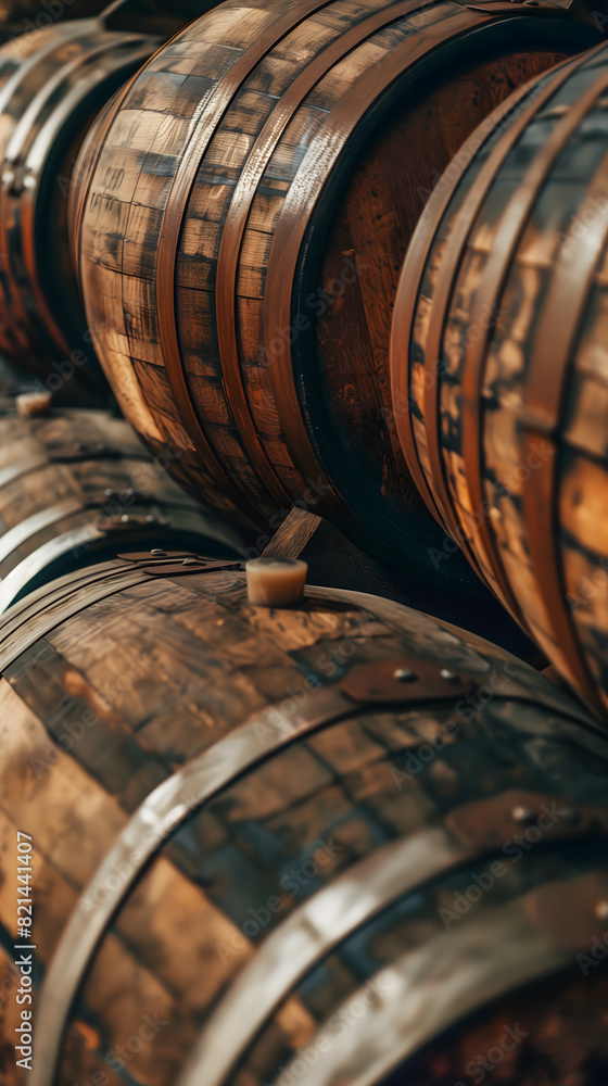 Gros plan sur des tonneaux dans une cave au format portrait.