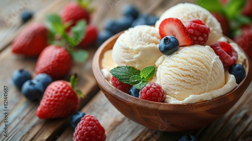 gourmet ice cream options, rich cottage cheese ice cream topped with fresh fruit makes a delightful summer dessert displayed on a rustic wooden table