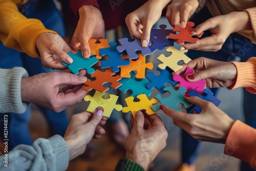Missing link.Arms of hands of people or colleagues of diverse culture holding jigsaw puzzle pieces that connect.Problem solving.Teamwork.Union.Collaborating.Strategy.Banner copy space
