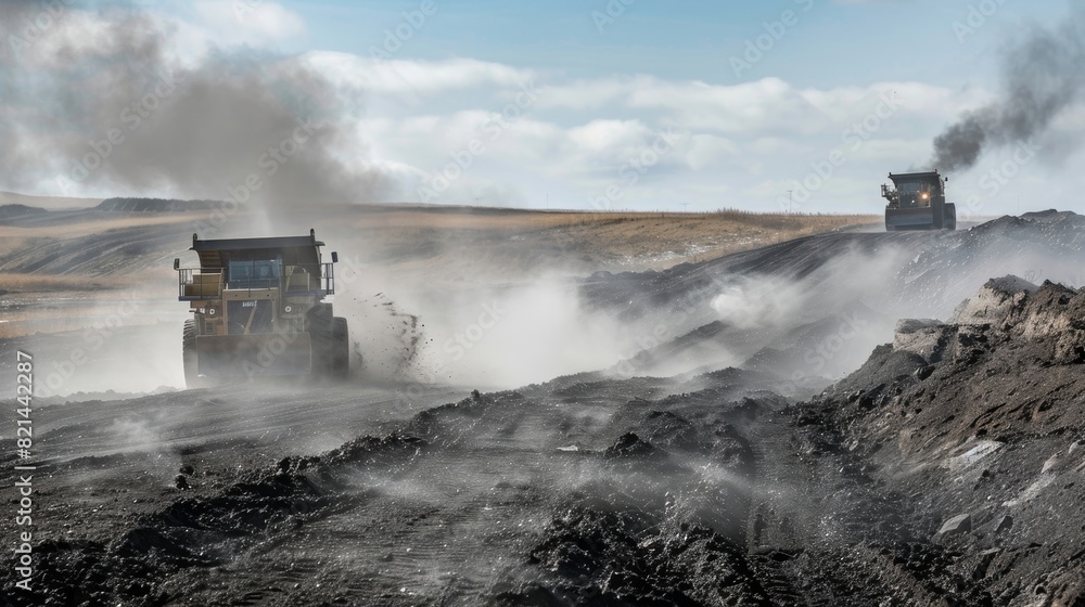 Dust and debris float in the air as miners use heavy equipment to extract coal.