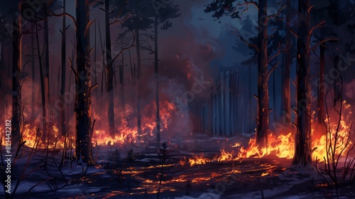 Fire in the forest, burning trees and shrubs near tall pine trunks. The smoke from flames rises into the air, creating an atmosphere of tension. In spring