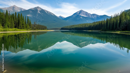 A realistic photograph of a serene mountain lake  taken with a wide-angle lens  24mm   capturing the expansive view of the lake and mountains  the water is perfectly still  creating a mirror-like refl