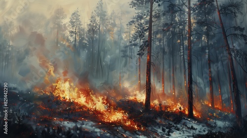 Fire in the forest, burning trees and shrubs near tall pine trunks. The smoke from flames rises into the air, creating an atmosphere of tension. In spring