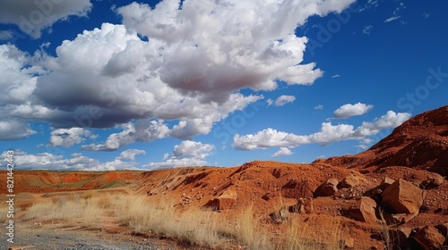 A striking contrast between the deep red bauxite ore and the bright white clouds in the sky above.