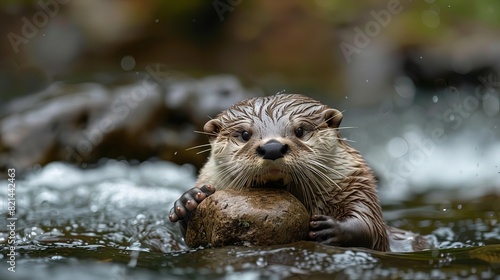 A playful otter floating on its back in a river, holding a rock on its chest