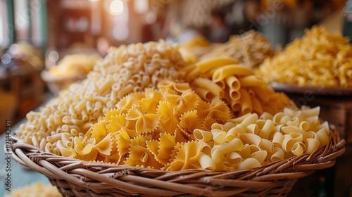 pasta variety box, a vintage-themed pasta basket with assorted noodles like penne, fusilli, and farfalle, inviting you to explore the diverse world of pasta photo