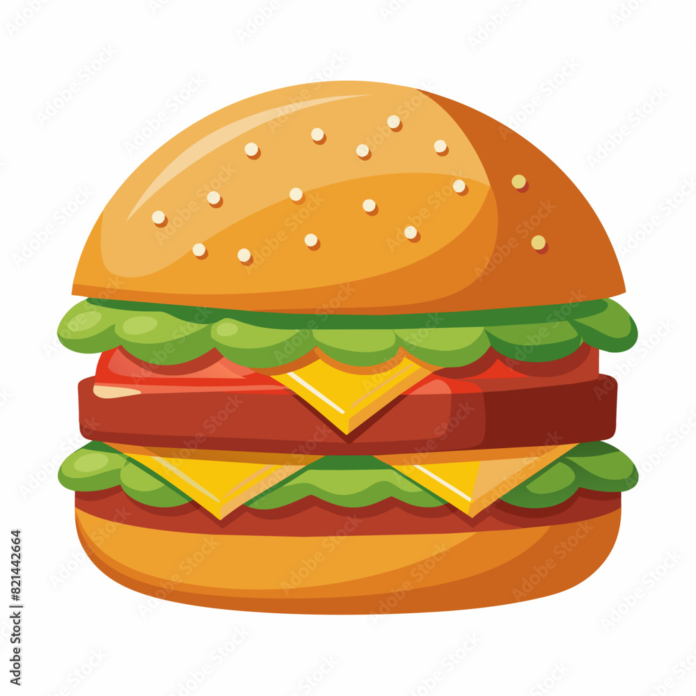 Cartoon burger with cheese, lettuce, tomatoes, bacon Cartoon burger with cheese, lettuce, tomatoes, bacon