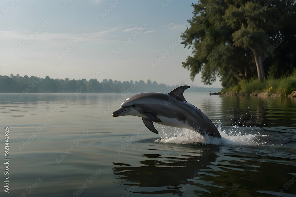 Obraz premium A dolphin gracefully leaping out of a calm lake, creating ripples on the water's surface, UHD, 8k, Highly Details 