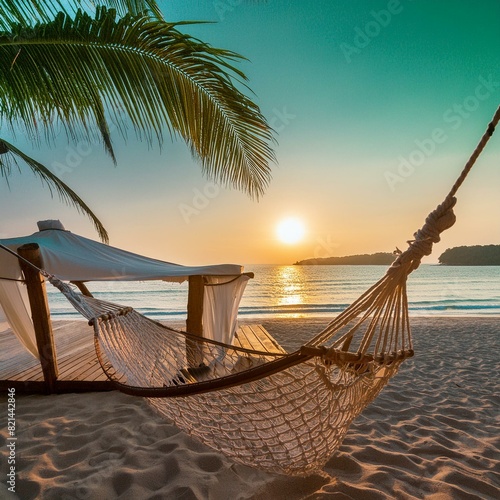 Dream getaway Resort. Well-being background with Serene Sunset Beach. © Arber