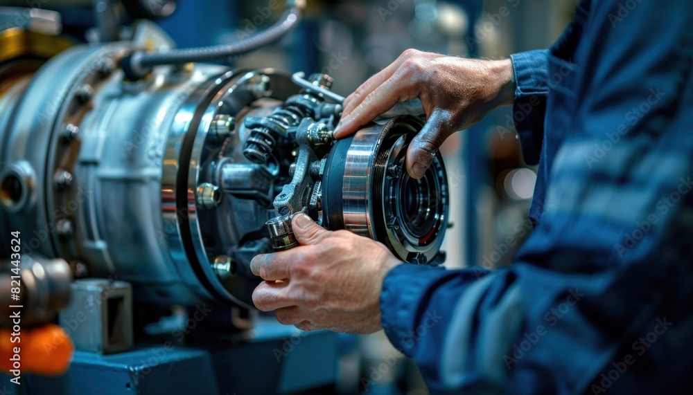 A mechanic is repairing an electric blue automotive tire machine in the factory A mechanic is repairing an electric blue automotive tire machine in the factory