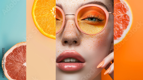 Fresh summer collage with close-up of beautiful woman model and sliced citrus. Summer make-up advertising concept.