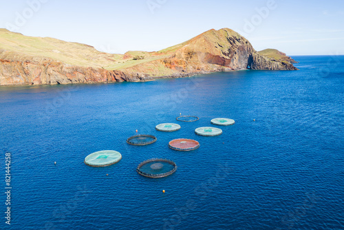 Offshore aquaculture fish farm on Madeira island in Atlantic ocean. Aerial view