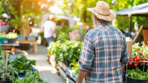 Walking through the farmers market. Man in a straw hat and plaid shirt strolling through a vibrant farmers market is filled with fresh produce and plants.