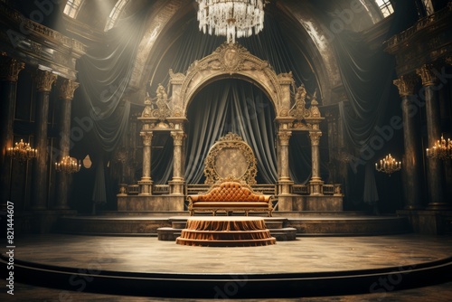Luxurious throne room with ornate golden decorations  velvet drapes  and a majestic chandelier in an opulent palace interior.