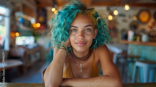 fashion and workplace anxiety, a fashionable gen z person with turquoise hair highlights nervously prepping for a presentation in a chic coworking space