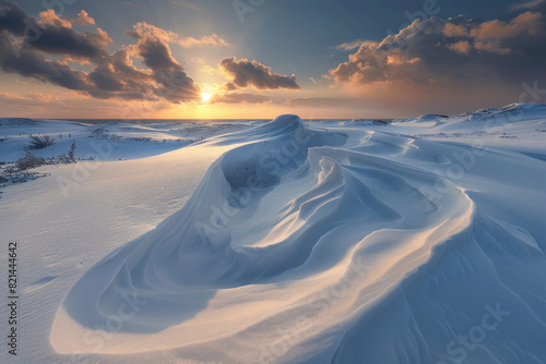 Majestic sunset over a snowy landscape, highlighting intricate snowdrifts and a vibrant sky, creating a breathtaking winter scene. photo