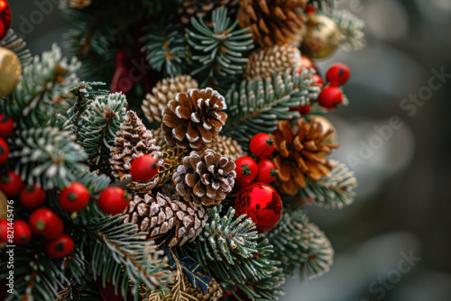Close-up of a festive pine cone and berry decoration, highlighting the rich textures and vibrant colors of the holiday season.