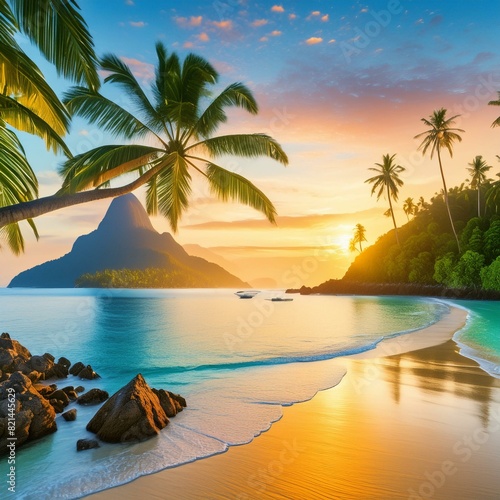 Magical Sunrise Beach. Tropical Honeymoon Island. Travel background.