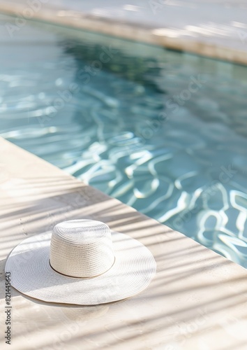 White straw hat by the pool. Light and airy summer photography for social media faceless digital content marketing