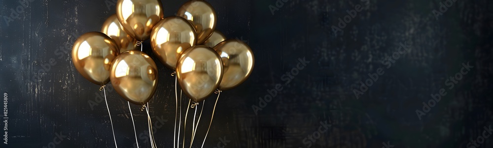 Gold balloons bunch on a black wall background. Horizontal banner. Gold balloons bunch on a black wall background. Horizontal banner.