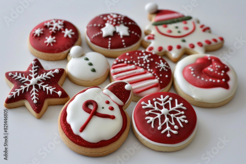 Collection of hand-decorated Christmas cookies, featuring festive designs like snowflakes and Santa hats.