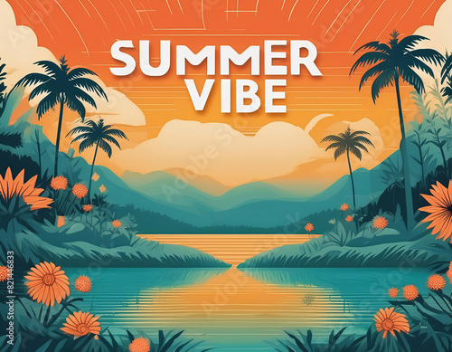 Summer vibe text with a glass of cocktail  palm and tropical beach view at sunset 