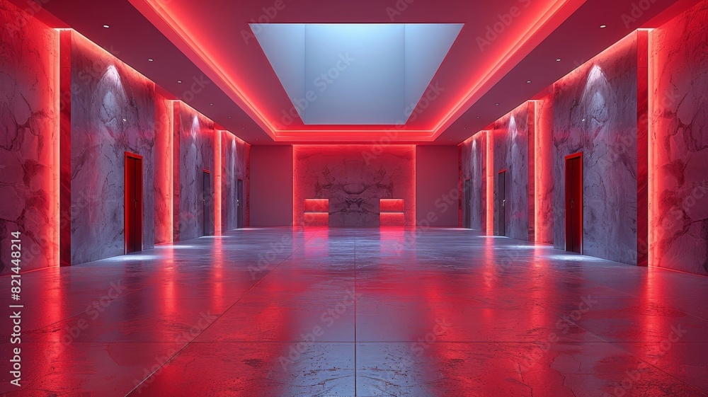Long Hallway Illuminated by Red Ceiling Light Long Hallway Illuminated by Red Ceiling Light