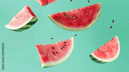 Ripe and juicy watermelon falling in the air isolated on a pastel green backgroundRipe and juicy watermelon falling in the air isolated on a pastel green background. Generative Ai