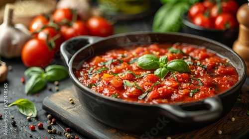 traditional italian cooking bubbling sugo sauce in a red pot on the stove, set against a rustic background