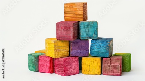 Construction colorful wooden block stacked on white background. AI generated image