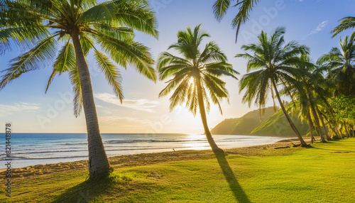 Sunny exotic beach by the ocean with palm trees at sunset summer vacation