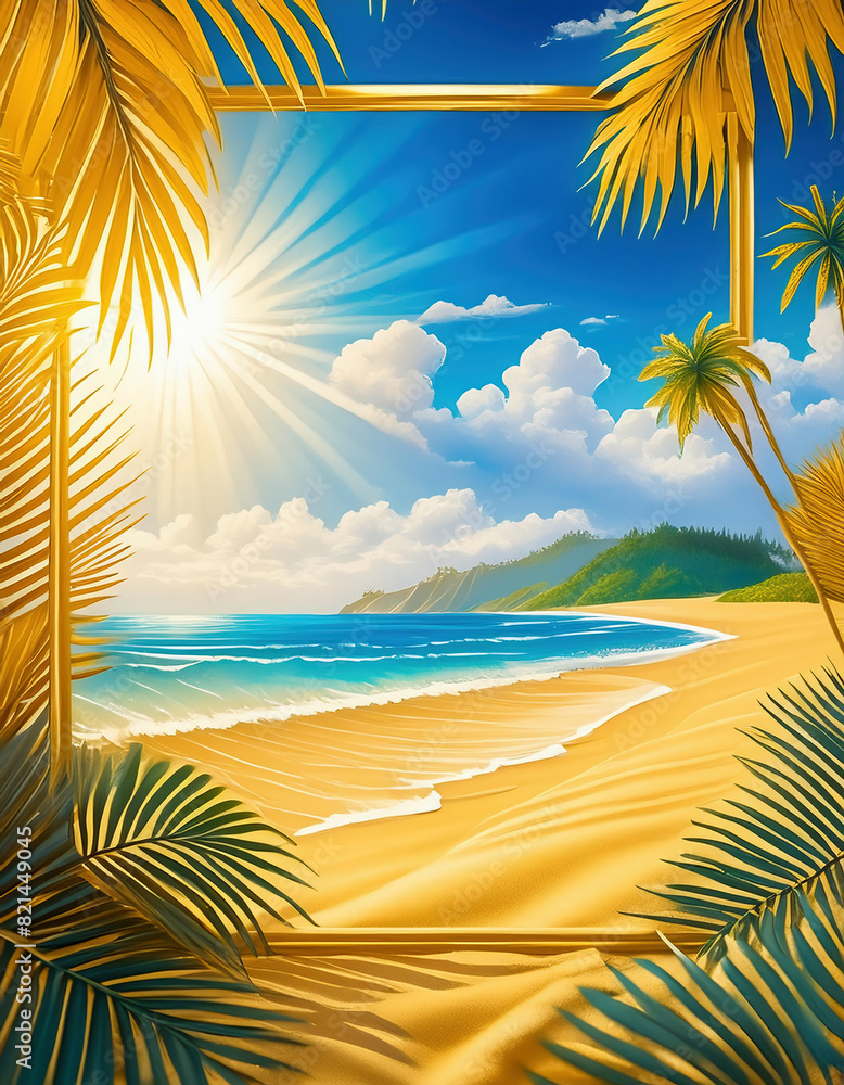 Summer background with golden frame, nature of tropical golden beach with rays of sun light and palm leaves