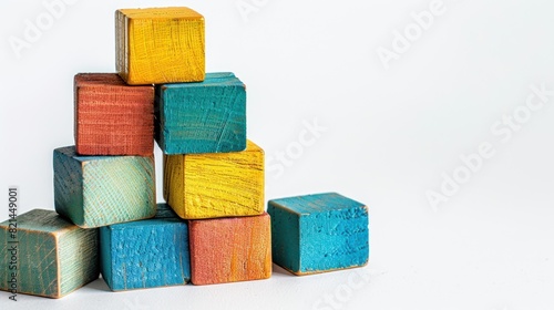 Construction colorful wooden block stacked on white background. AI generated image