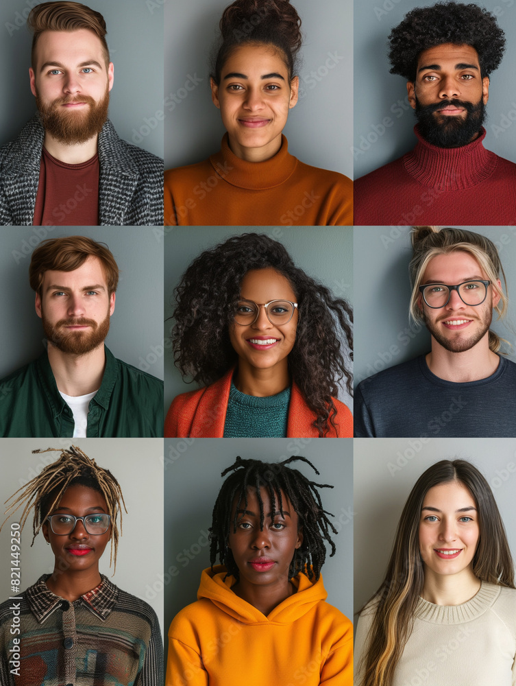 Grid layout of photographs showing a diverse group of smiling people of different races against colorful backgrounds, all looking at the camera in an ultra-realistic, professional shoot.
Grid layout of photographs showing a diverse group of smiling people of different races against colorful backgrounds, all looking at the camera in an ultra-realistic, professional shoot.
