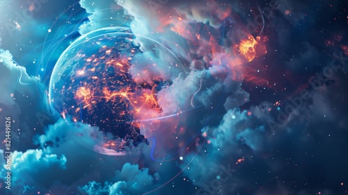 Earth in a cosmic swirl: a vibrant digital art for space and technology themes photo