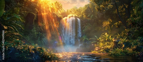 Rainbow Waterfall Illuminating Tropical Forest with Golden Sunlight in a D Rendered Landscape