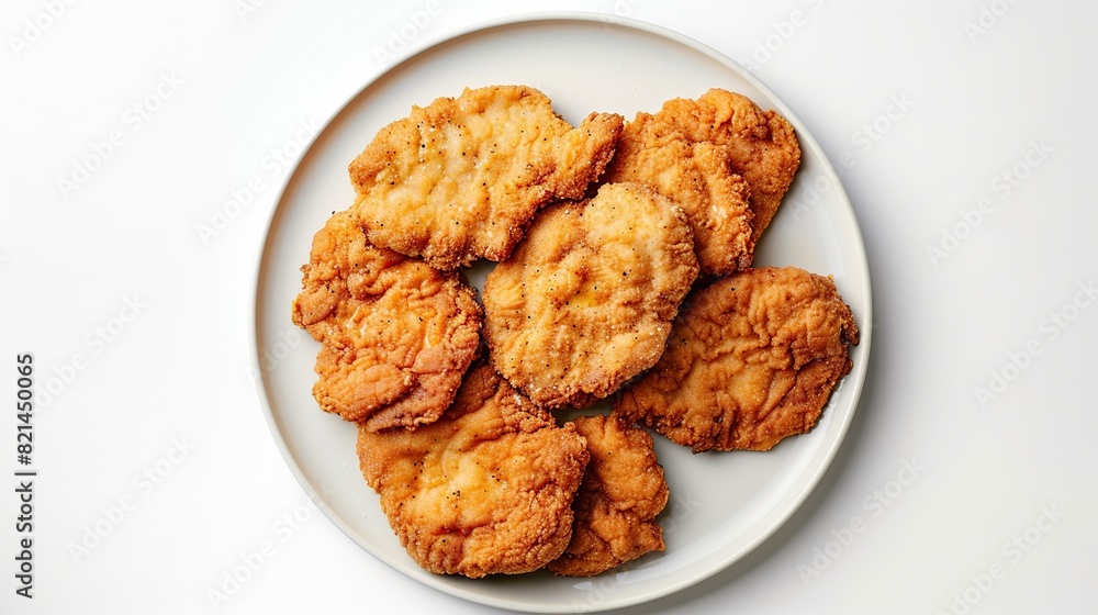 plate of chicken schnitzel isolated on white background, top view. Generative Ai plate of chicken schnitzel isolated on white background, top view. Generative Ai