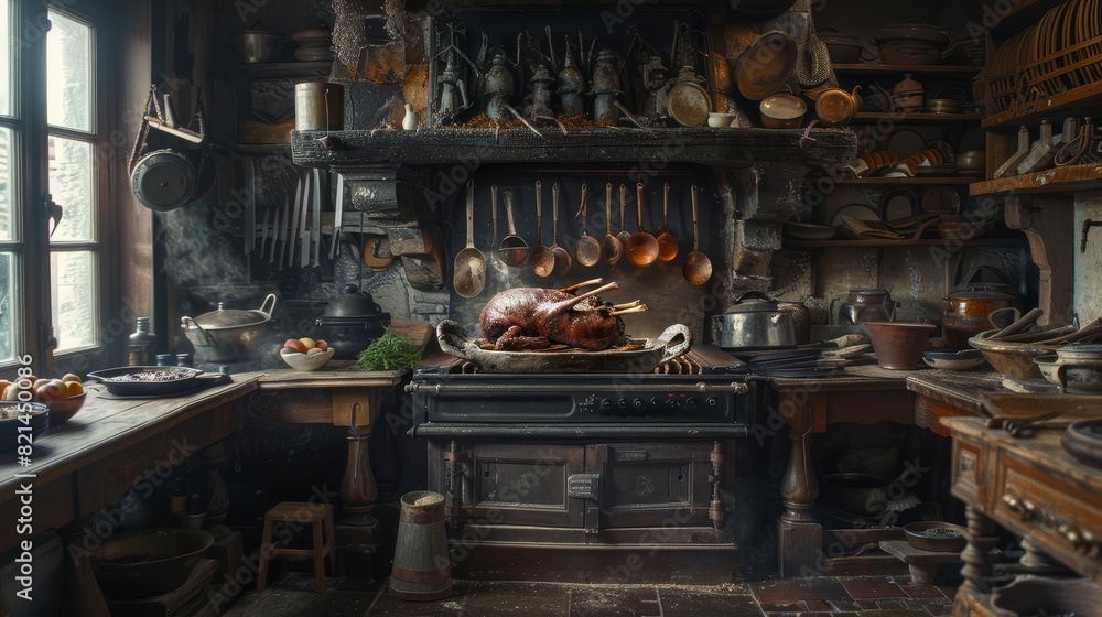 A rustic kitchen with a whole mechoui lamb roasting in an open hearth A rustic kitchen with a whole mechoui lamb roasting in an open hearth