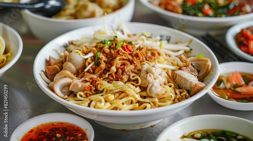 Popular Singapore Chinese street food, wantan mee. Generative Ai