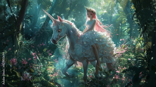 Enchanted princess riding a unicorn in a magical forest for fantasy themed designs