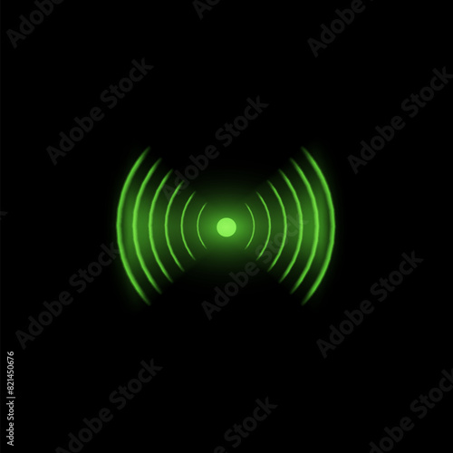 Green Wifi technology digital radar neon light vector icon, glow wireless radial waves signal, sound effect antenna sign