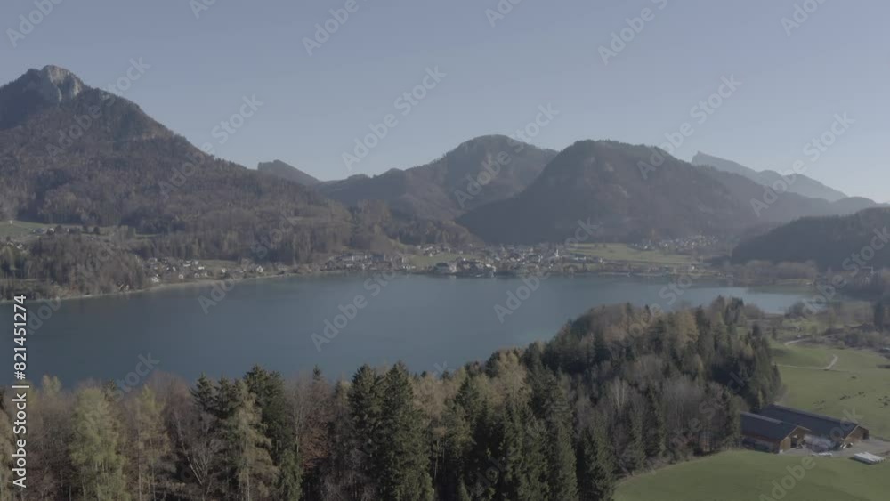 Aerial View of Fuschlsee in Autumn from Above, Scenic Lake with Fall Foliage in Salzburg, Austria, D-Log Aerial View of Fuschlsee in Autumn from Above, Scenic Lake with Fall Foliage in Salzburg, Austria, D-Log