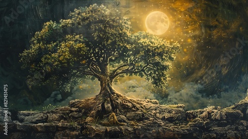 Enchanted tree under the full moon for fantasy and magical designs