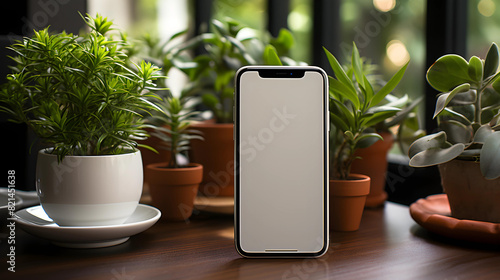 A close-up shot of a blank mobile phone mockup, held by a businesswoman in a professional office setting. The focus is on the phone,showcasing the screen as a blank canvas for digital content 