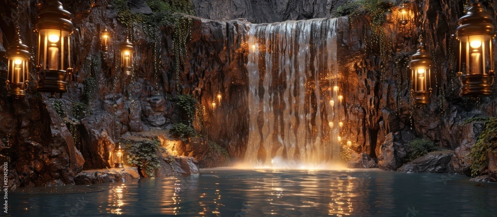 Steampunk Waterfall A D Rendering of RustColored Waters Illuminated by Brass Lanterns